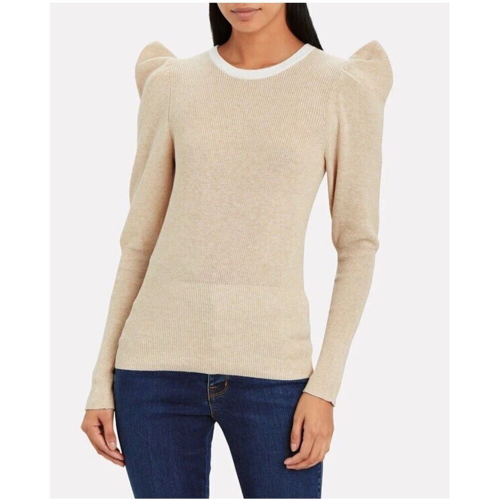 FRAME Rib Feminine Puff Sleeve Sweater 95% cotton 5% cashmere ivory SZ XS